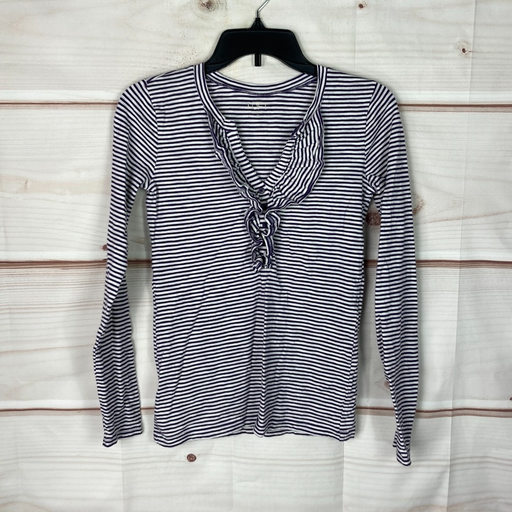 LOFT Top Womens XS Purple White Stripe Ruffle Henley T-Shirt V-Neck Long Sleeve